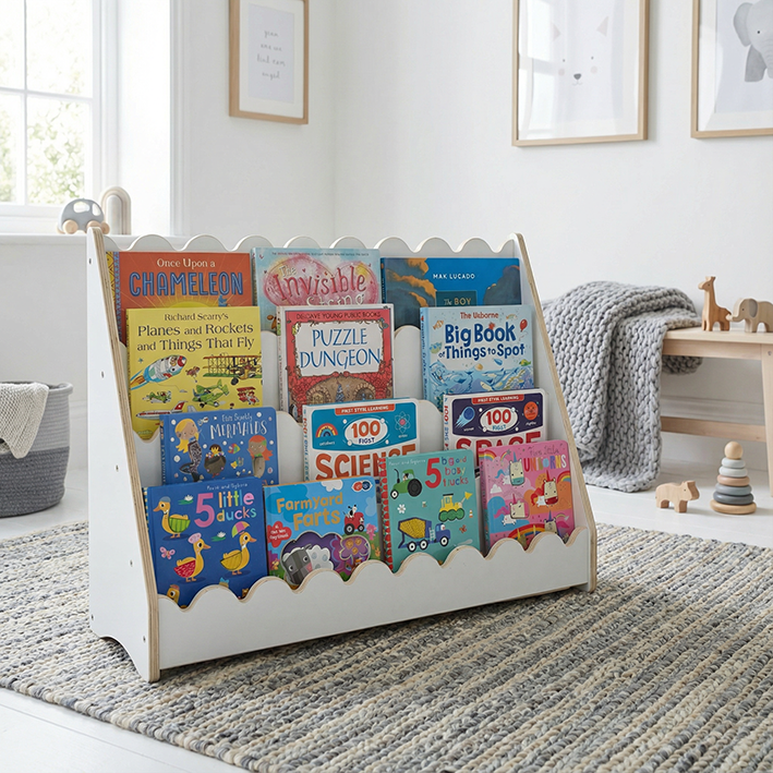 Kids Scallop Floor Bookshelf – WHITE | Montessori | Kids Bookshelf