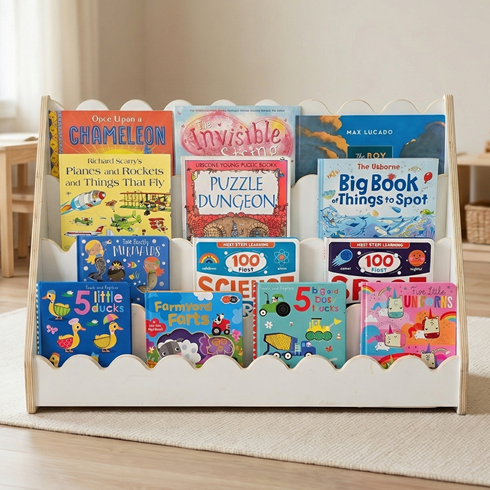 Kids Scallop Floor Bookshelf – WHITE | Montessori | Kids Bookshelf