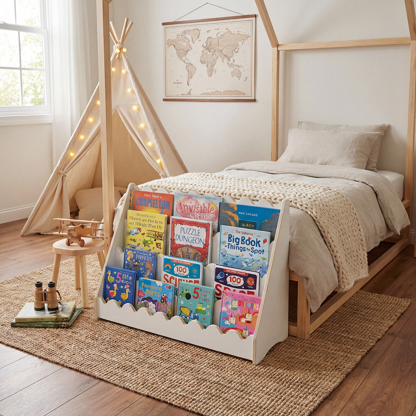 Kids Scallop Floor Bookshelf – WHITE | Montessori | Kids Bookshelf