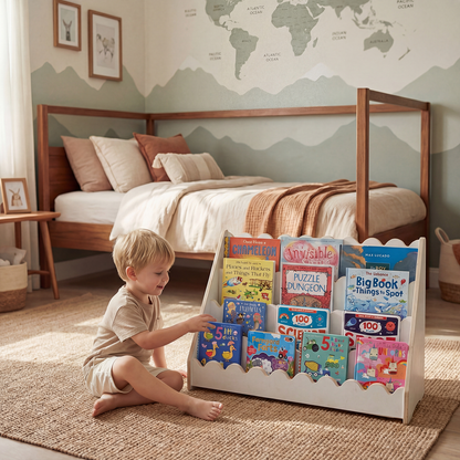 Kids Scallop Floor Bookshelf – WHITE | Montessori | Kids Bookshelf