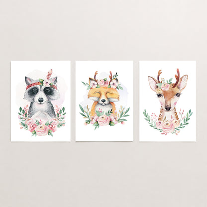 Boho Woodland Animals - Set of 3 - Printed Wall Art
