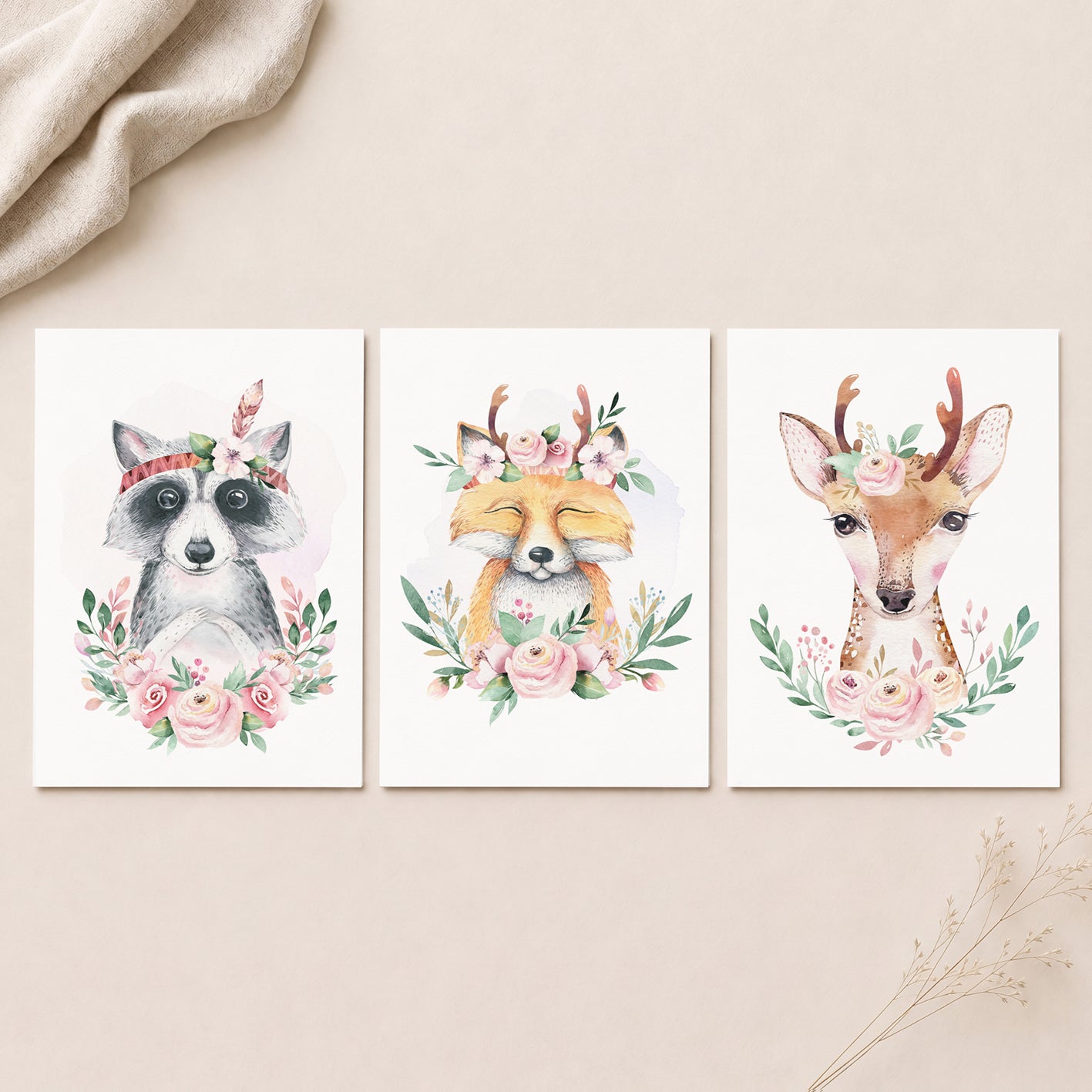 Boho Woodland Animals - Set of 3 - Printed Wall Art