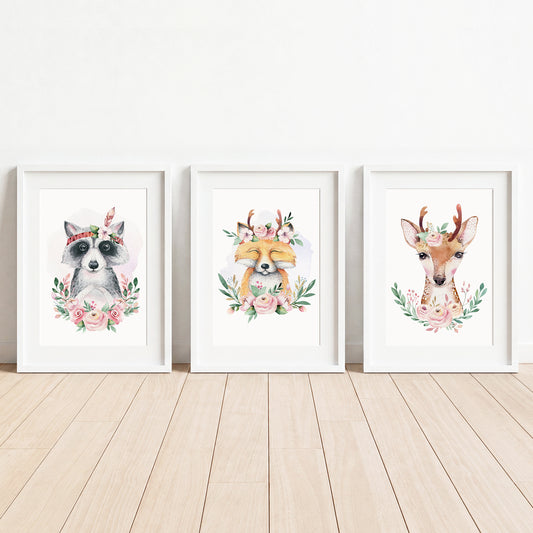 Boho Woodland Animals - Set of 3 - Printed Wall Art