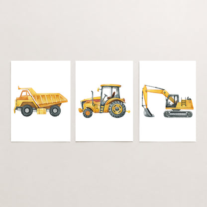 Construction Vehicles - Set of 3 - Printed Wall Art