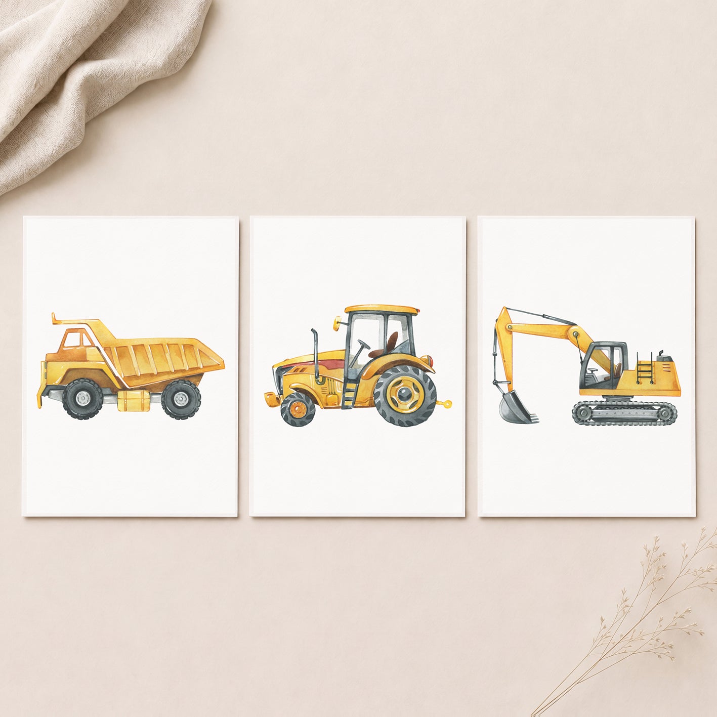 Construction Vehicles - Set of 3 - Printed Wall Art