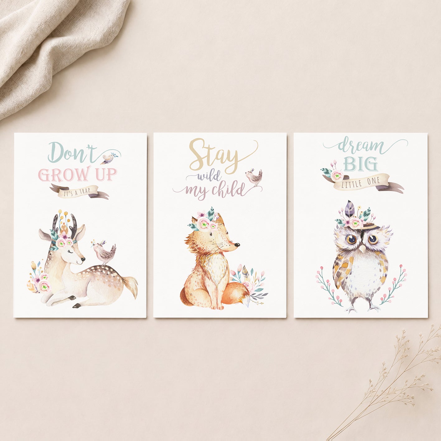 Woodland Friends - Set of 3 - Printed Wall Art