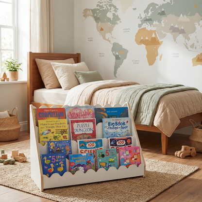 Kids Scallop Floor Bookshelf – WHITE | Montessori | Kids Bookshelf