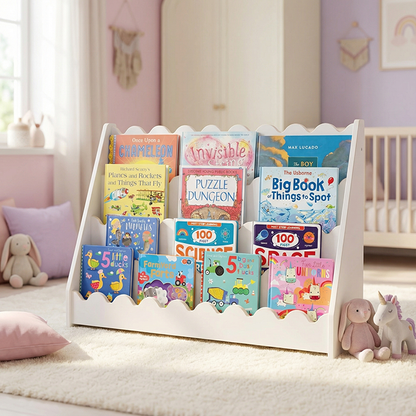 Kids Scallop Floor Bookshelf – WHITE | Montessori | Kids Bookshelf