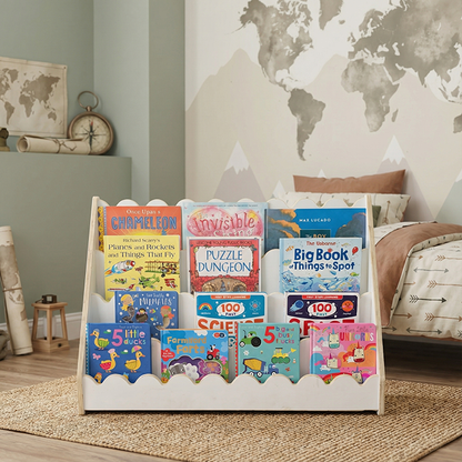 Kids Scallop Floor Bookshelf – WHITE | Montessori | Kids Bookshelf